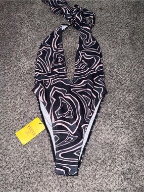 Emilio Pucci Black and Pink Halter Plunge One-Piece Swimsuit